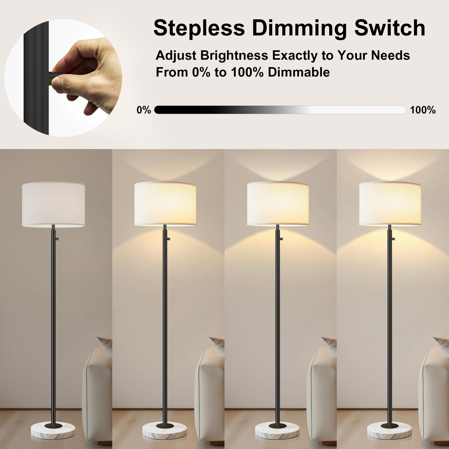 Aulaiyi Modern Floor Lamp, Tall Standing Lamp with Marble Base, LED Bulb Included, WK012-Black, Natural Linen
