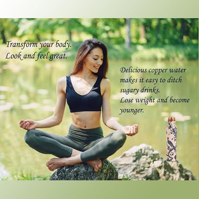 Pure Copper Water Bottle - Handcrafted - Ayurveda health benefits - Large 35 oz - Leak proof, Easy to carry for Sports, Fitness, Yoga, School - White Base Indigo Blue Floral Peacock Enamel