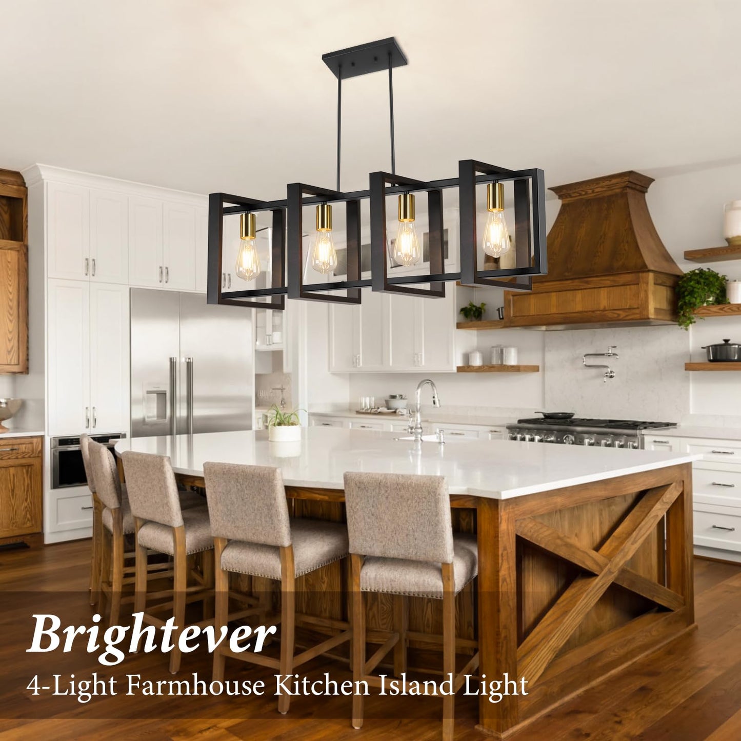 Brightever 4-Light Wood Chandelier, Modern Black Gold Pendant Light Fixture, 53? for Dining Room, E26 Sockets