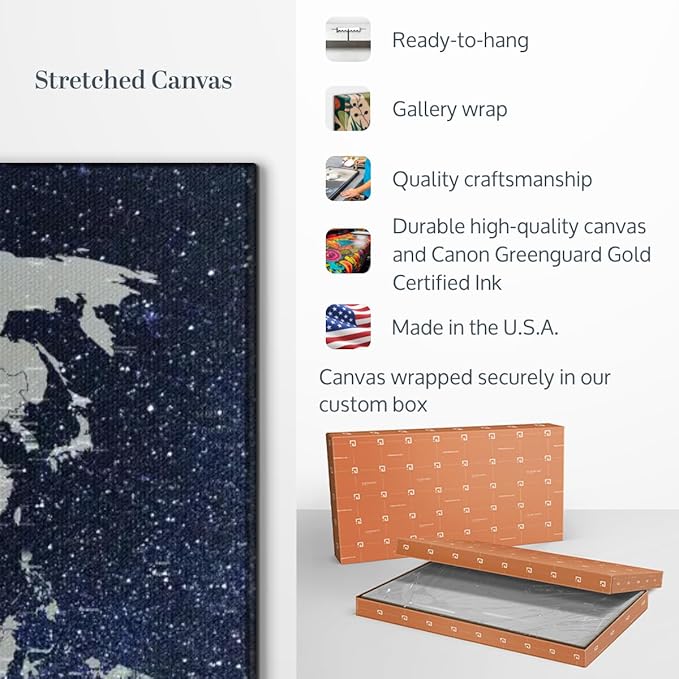 ElephantStock Starry World Map Multi Piece Canvas - 3 Panel Wall Decor - Map of the World Art - Canvas for the Office and Home - 57" X 36"