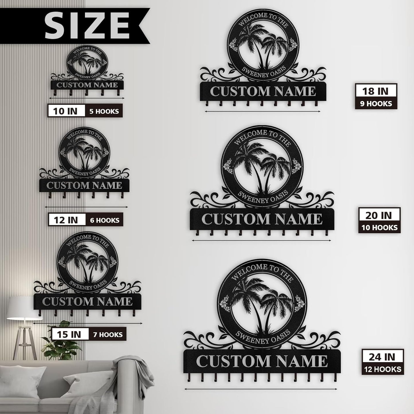 Personalized Key Holder for Wall - Beach Theme Coat Rack Wall Mount with Palm Tree Design, Metal Key Organizer with Hooks, Key Hanger Wall Decor for Front Door Kitchen Bathroom, Housewarming Gifts