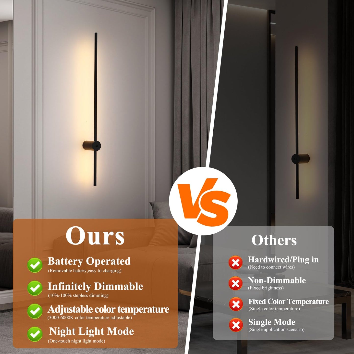 Battery Operated Wall Sconces Set Of Two With Remote Control; 40 Inch Rechargeable Wireless Dimmable Wall Lights; Black Cordless Wall Sconce For Living Room Hallway Bedroom 2 Pack