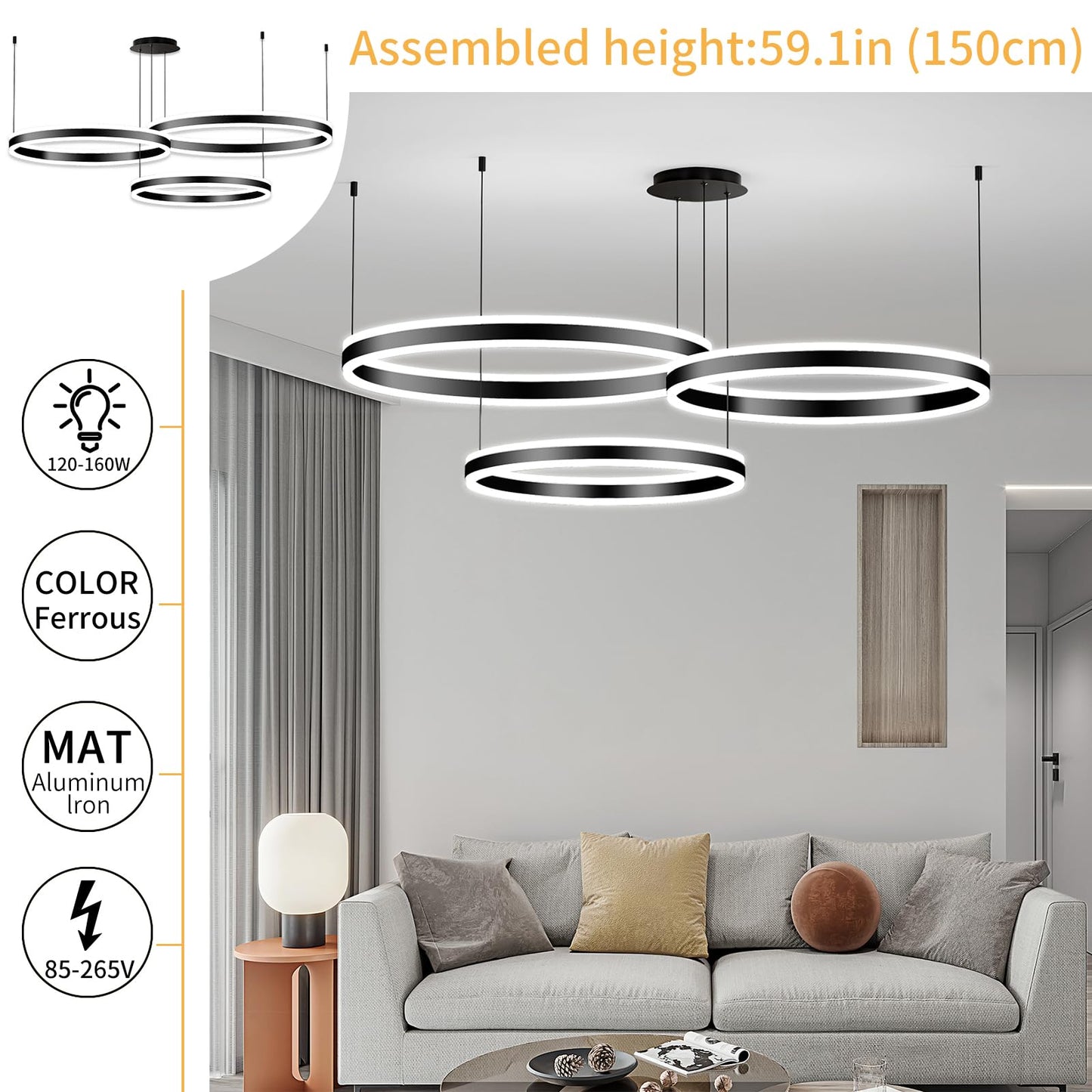 Mikeru Modern LED Chandelier Light, Remote Control, Adjustable 3000K-6500K, Aluminum, 15.7+23.6+31.5IN, C-Black