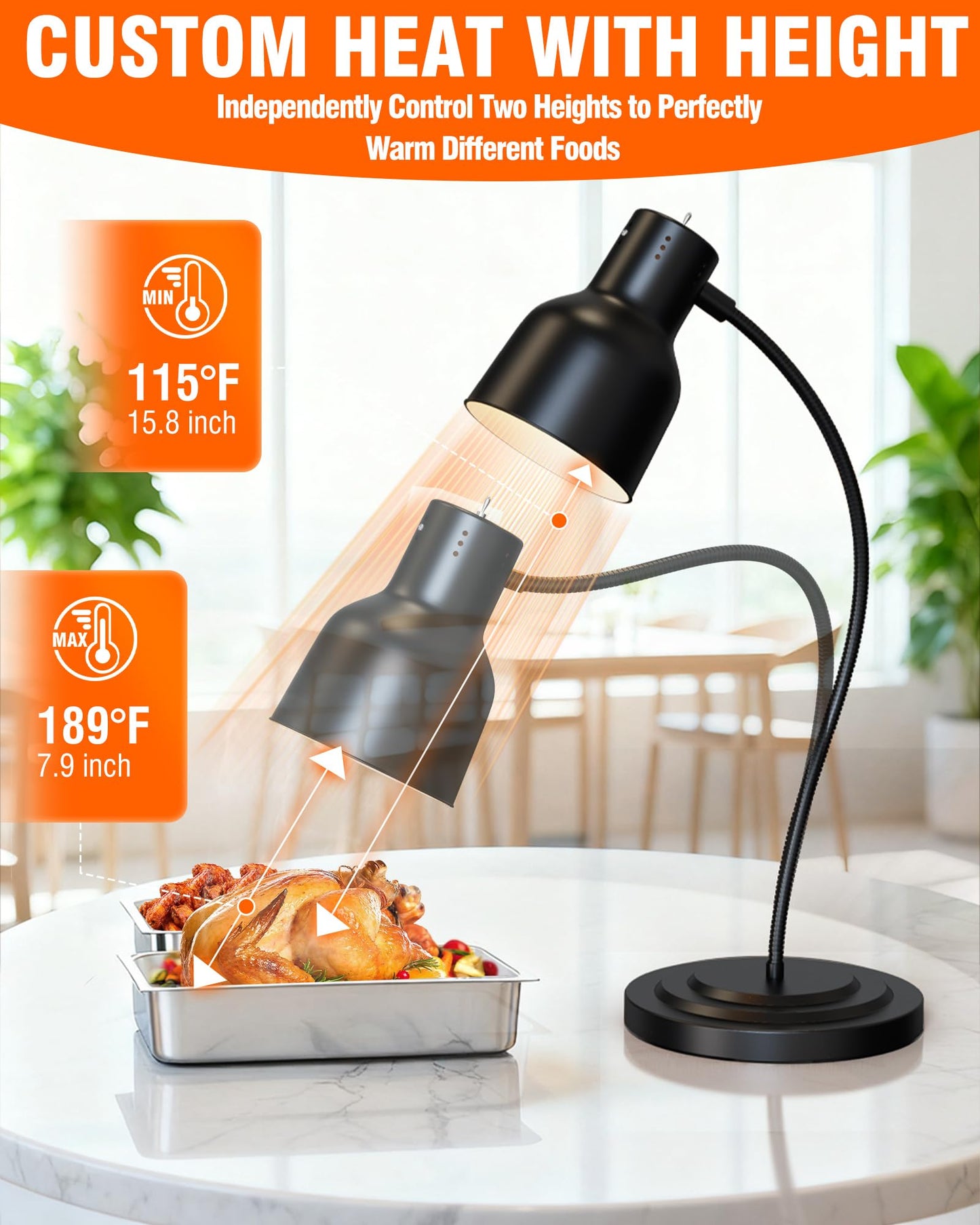 PYY Food Heat Lamp - 250W Steady Heating Commercial Food Warmer Lamp, 2 Bulbs Included, Heavy Base for Stability & Stainless Steel Build, 8.5 lbs Ideal for Catering, Restaurant, Buffet, (1-Head Black)