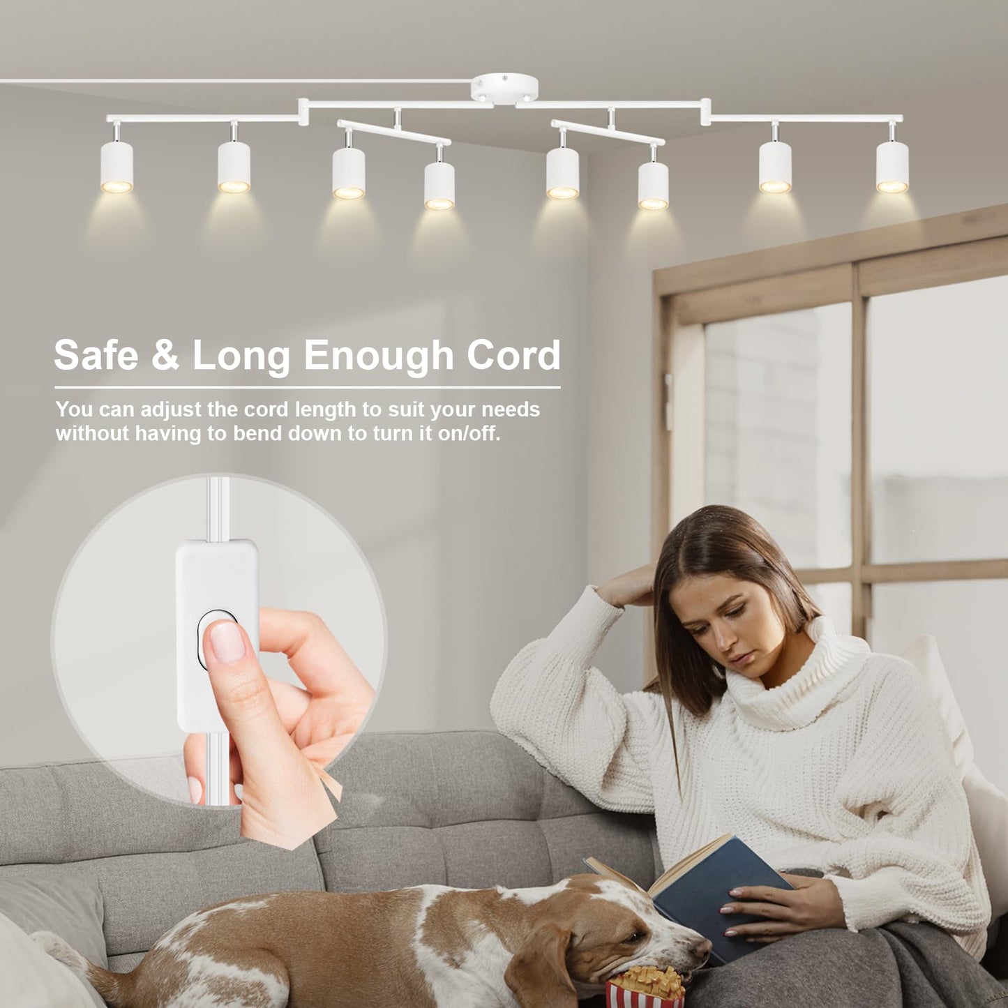 Plug in Track Lighting LED, Track Lighting Fixtures Ceiling, White 8-Light Kitchen Light Kit, Plug in Wall Light with 14.8ft Power Cord, Rotatable Ceiling Spotlight for Bedroom(GU10 Socket, NO Bulb)