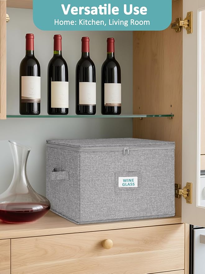 Cirhy Wine Glass Storage Box, Stackable Rigid-Shell Glassware Storage Containers with Dividers & Handles, Holds 24 Crystal Glasses, 2-Pack Protective Stemware Organizer for Moving, Kitchen Storage