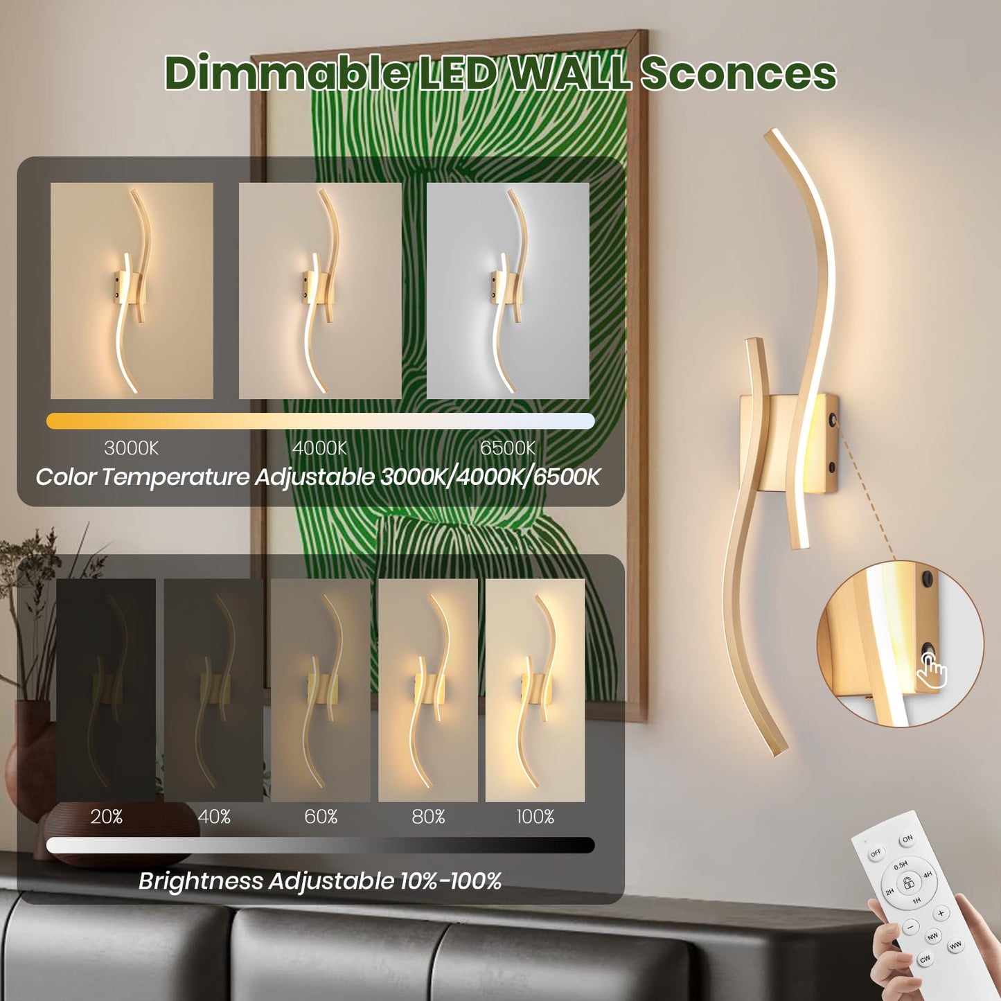CANEOE Battery Operated Wall Sconce, Remote Control, 3000K-6000K LED, 31.5inch, Gold, Model WL-80SBLGD-DC,