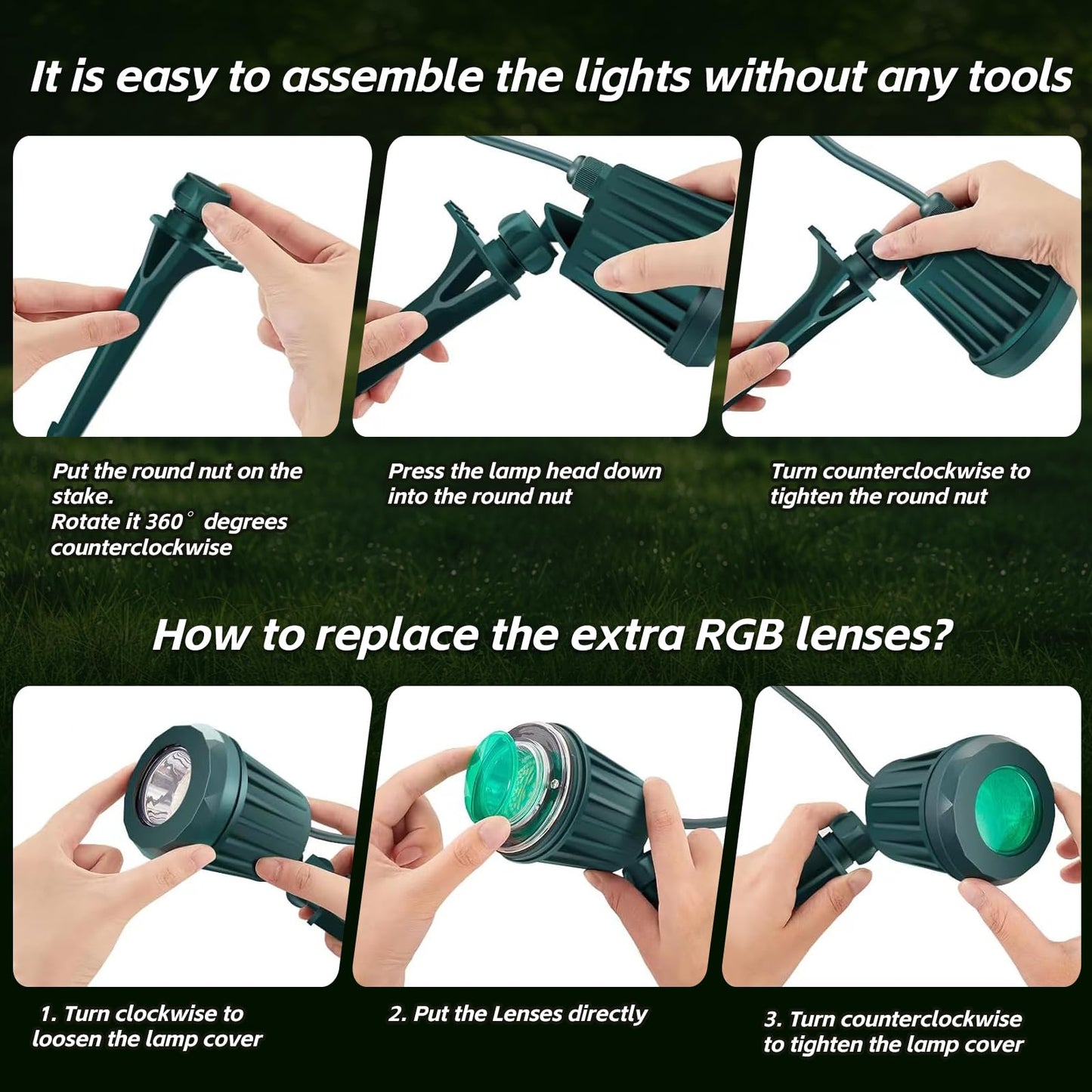 Holeva Spotlight Outdoor – 120V Plug-in, 2700K Warm White LED Landscape Spot Lights with RGB 3 Lenses for Yard, Garden, Lawn&Tree Decor, IP67 Waterproof, Perfect for Holidays&Everyday (2 Pack, Green)