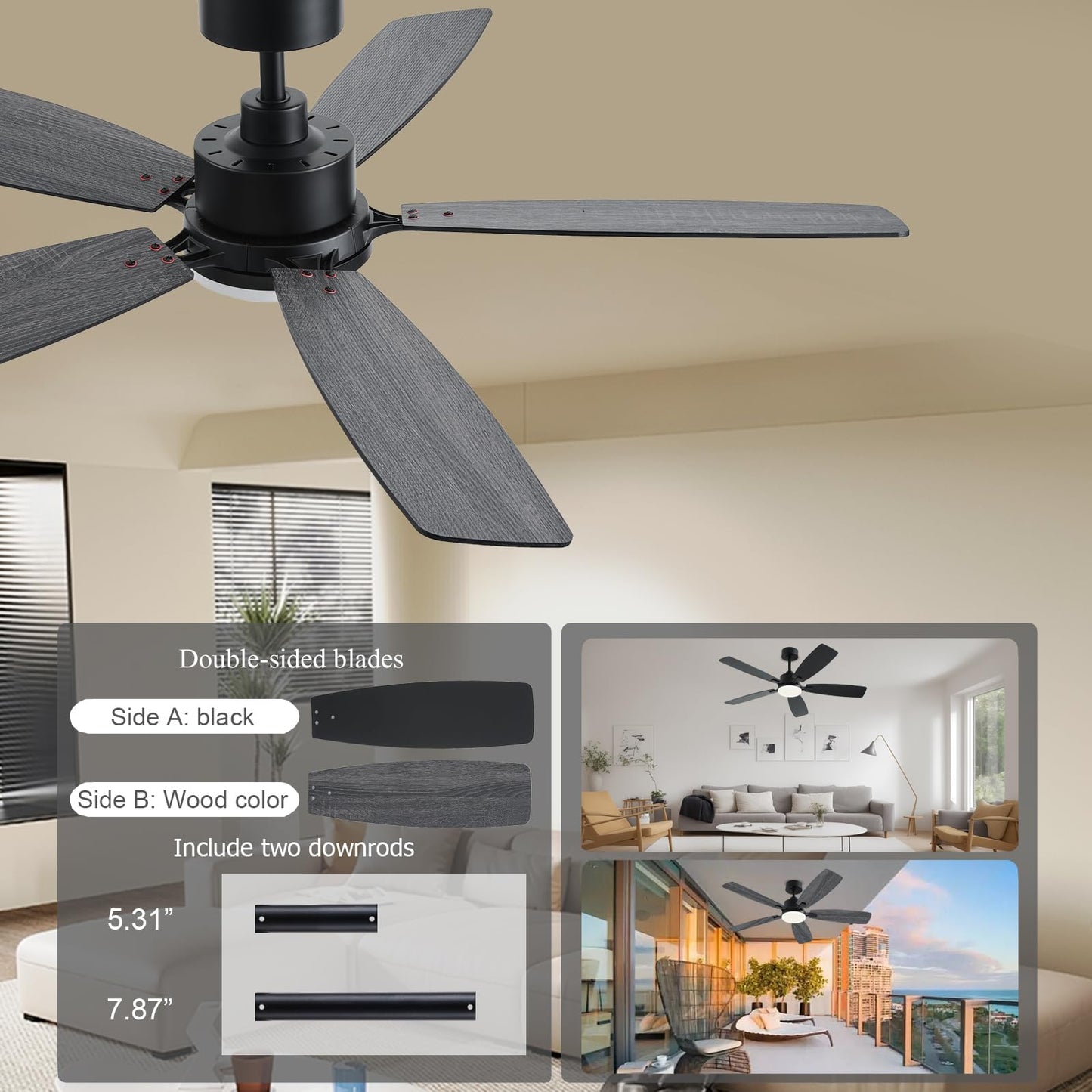 Nkpu 52 Inch Ceiling Fans With Lights, Black Ceiling Fan And Remote/App Control, 2 Downrods, Dc Reversible, Noiseless, Dimmable,