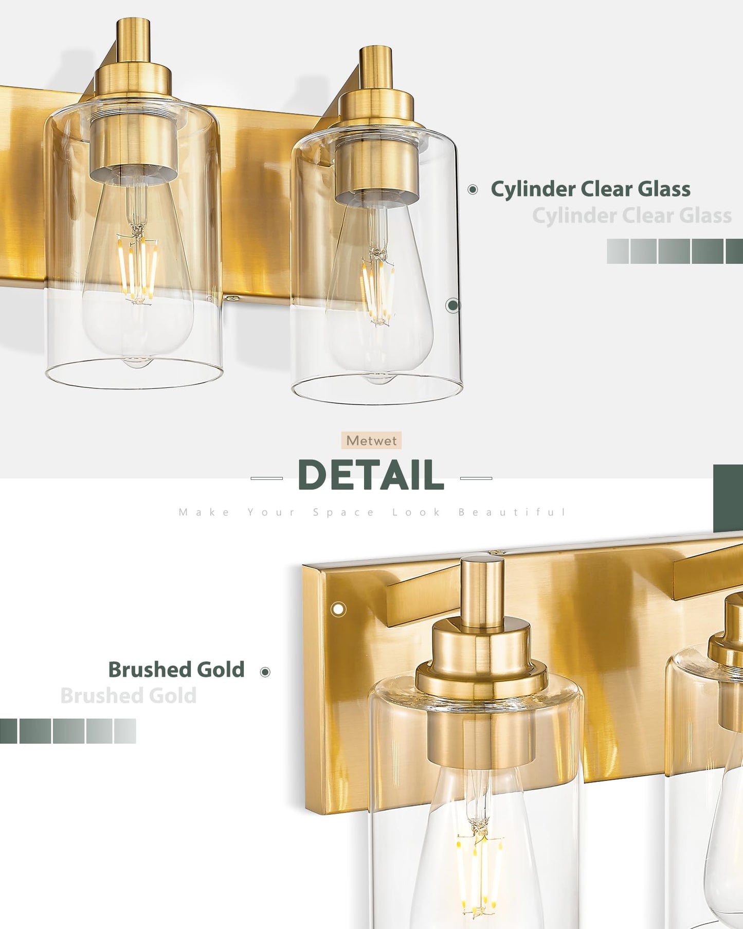 Metwet 5-Light Bathroom Light Fixtures  30 Inch Brushed Gold Vanity Light With Cylinder Clear Glass Shade  Modern Vanity Lighting Fixtures Over Mirror  Vl143-Bg-5