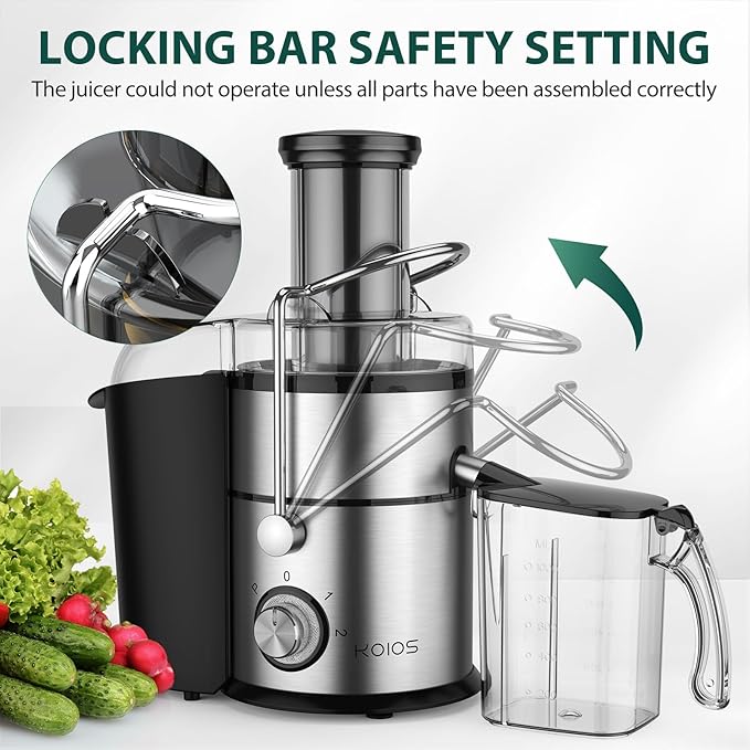 1300W KOIOS Centrifugal Juicer Machines, Juice Extractor with Extra Large 3inch Feed Chute, Full Copper Motor, Titanium-Plated Filter, High Juice Yield, 3 Speeds Mode,Easy to Clean with Brush,Non-BPA