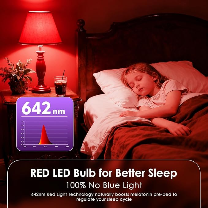 TJOY Red Light Bulbs for Sleep Dimmable, 642nm Red Led Bulb for Melatonin Promoting, 100% Blue Light Blocking, A19 60W Equivalent, 9W E26 Dim Night Light for Bedroom Baby Nursery, 4 Pack