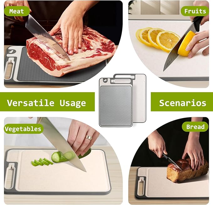 3-in-1 Stainless Steel Cutting Board for Kitchen, Double Sided,Non Toxic Cutting Board,Scratch-Resistant Mesh Design with Juice Groove,Easy Clean,Wheat Straw PP Large Chopping Board (15''*10'')