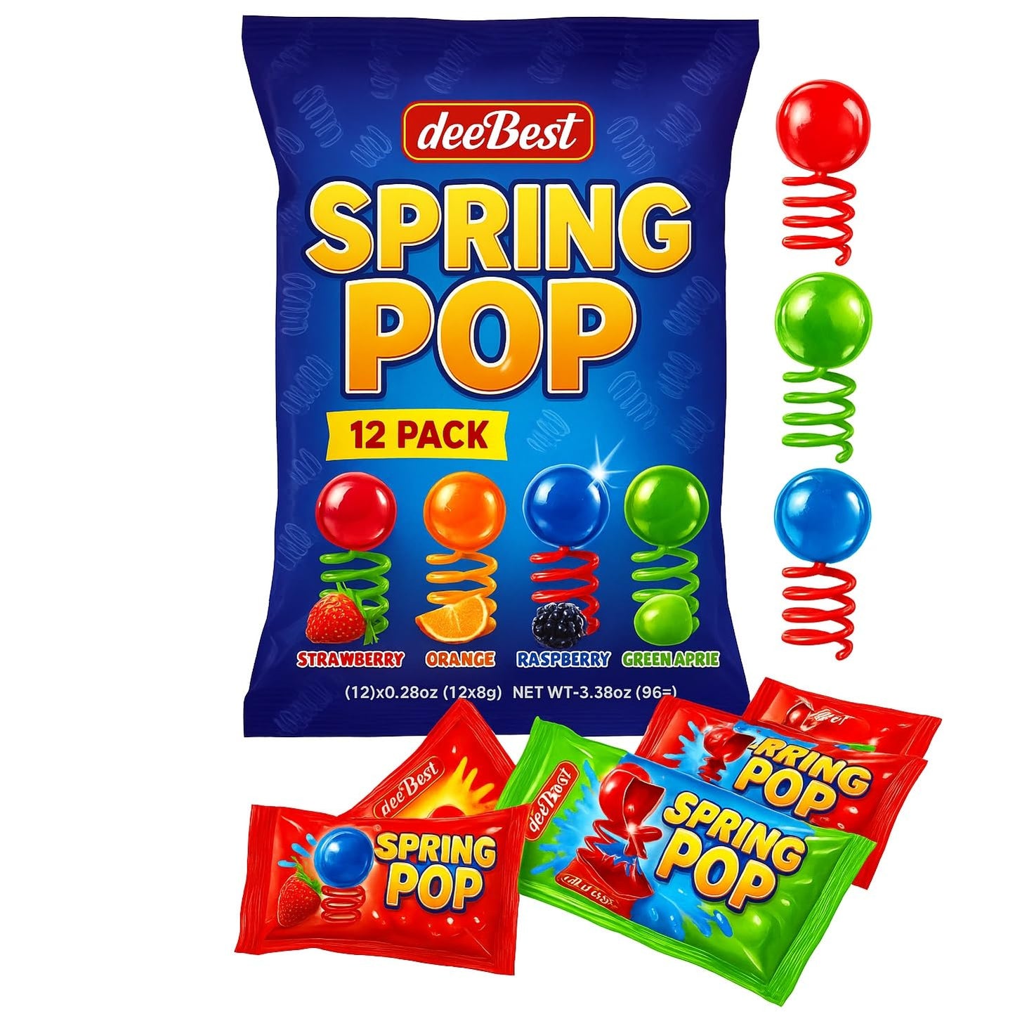 Spring Pop Finger Sucker Kids Candy on a Spring - Assorted Fun Flavors 24 Count (12 Individually Wrapped Pack of 2) Kosher Fun L
