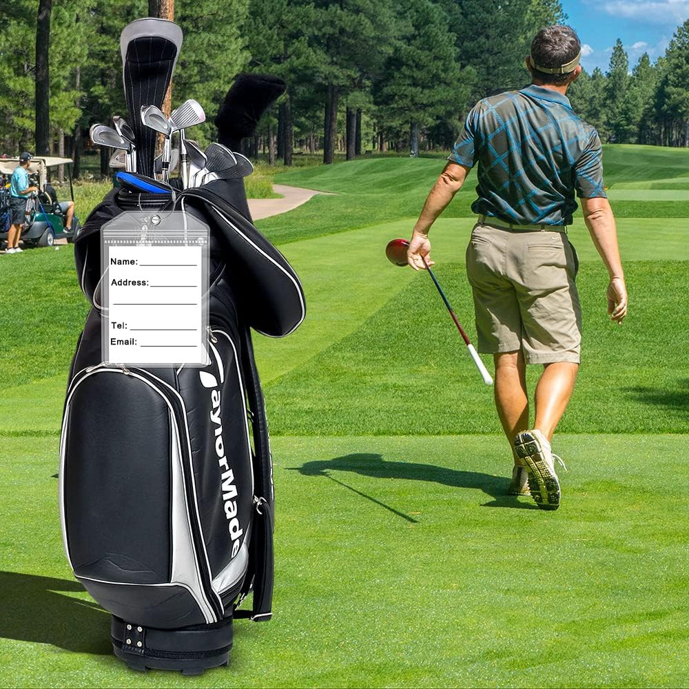Extra Large Golf Luggage Tag 9" x 6 ", Shipping Label Holder for Golf Bag- Plastic Waterproof Zipper Pouch - PVC Luggage Tag for Ship Sticks 4 Packs