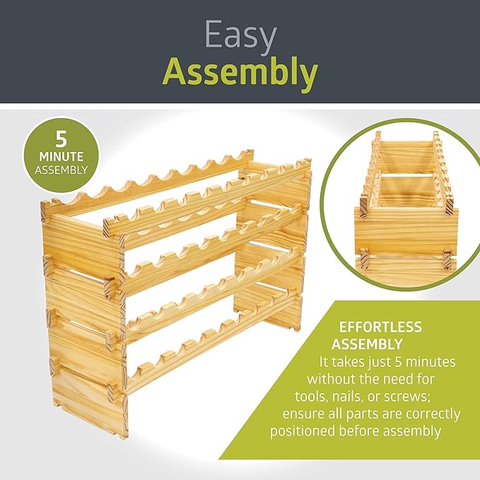 Pearington 36 Bottle Stackable Modular Wine Rack, 4-Tier Solid Pine Wine Bottle Holder, Free Standing Display Shelf, Wobble-Free Shelves for Kitchen, Bar, and Cellar, 10” x 33.5” x 21”