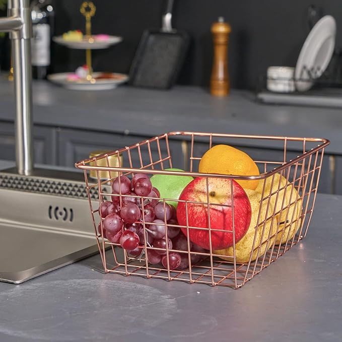 Wire Kitchen Storage Basket 4 Packs,Perfect Pantry Organization Accessories Baskets,Laundry Basket,Countertop Organization,Suitable for Kitchen,Bathroom,Bedroom,Tabletop,Rose gold