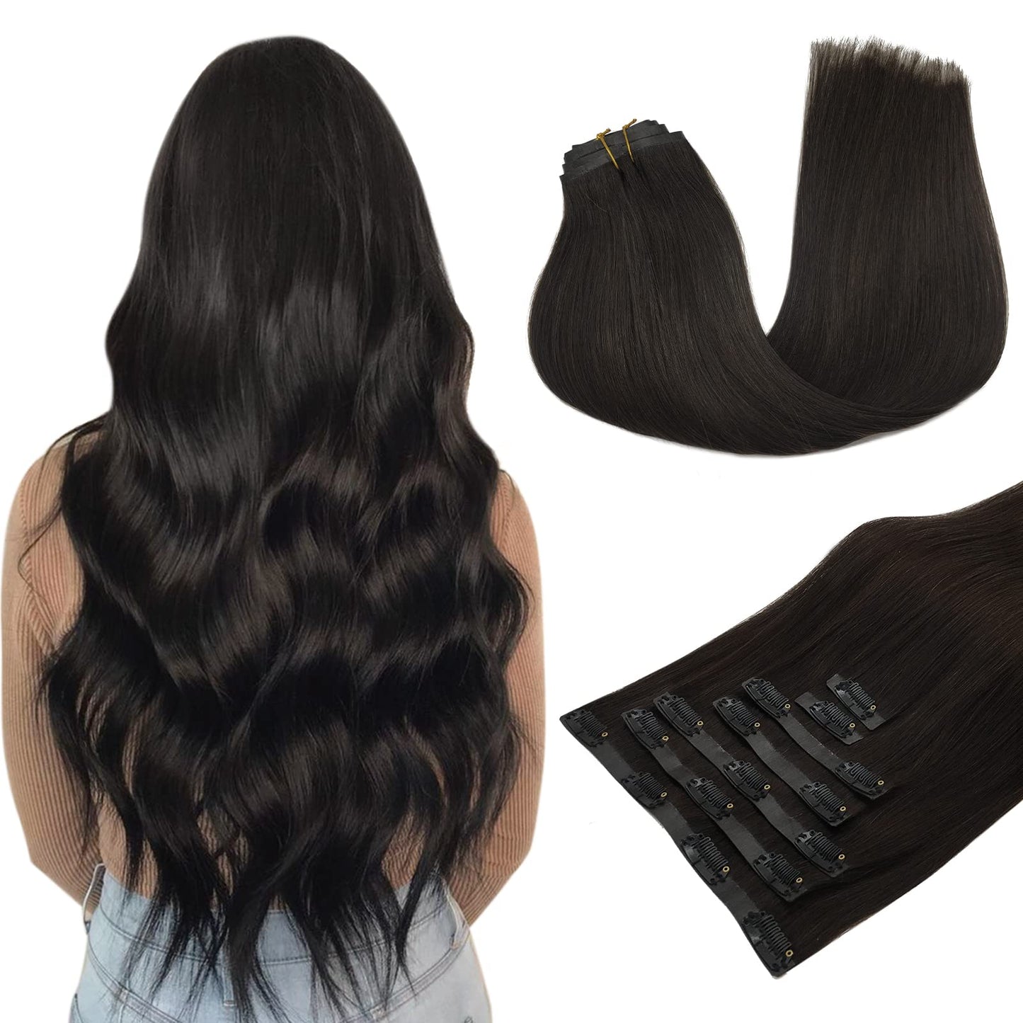 MAXITA Remy Human Hair Seamless Clip in Extensions, 22 Inch 7PCS Dark Brown,15Og Thick Invisible Natural Straight Hair Extension