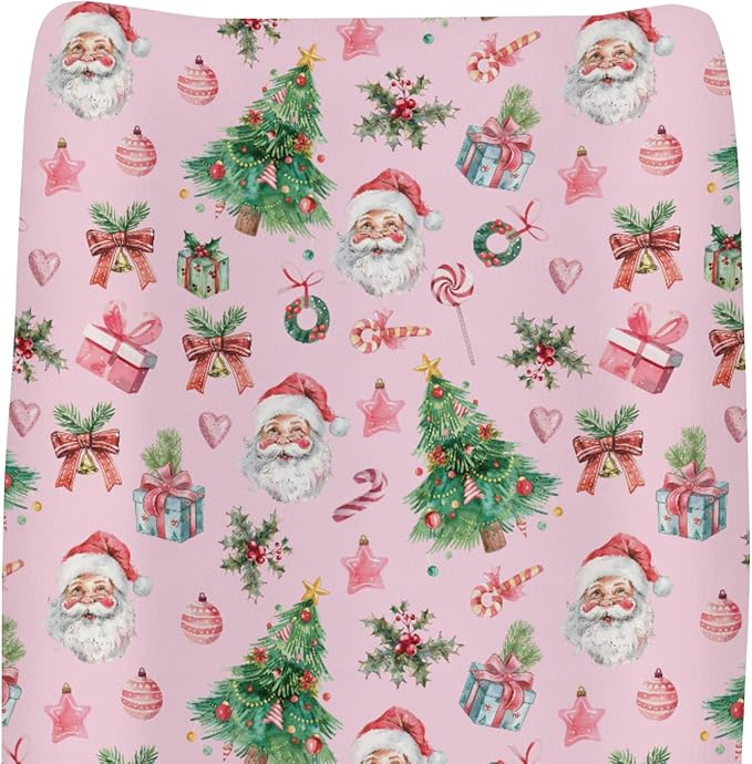 Pink Santa Christmas Trees Baby Changing Pad Covers for Boy Girl Santa Gifts Pine Fir Leaves Candy Love Fitted Changing Table Mats Winter Holiday Festive Soft Diaper Change Table Sheets 32''×16''