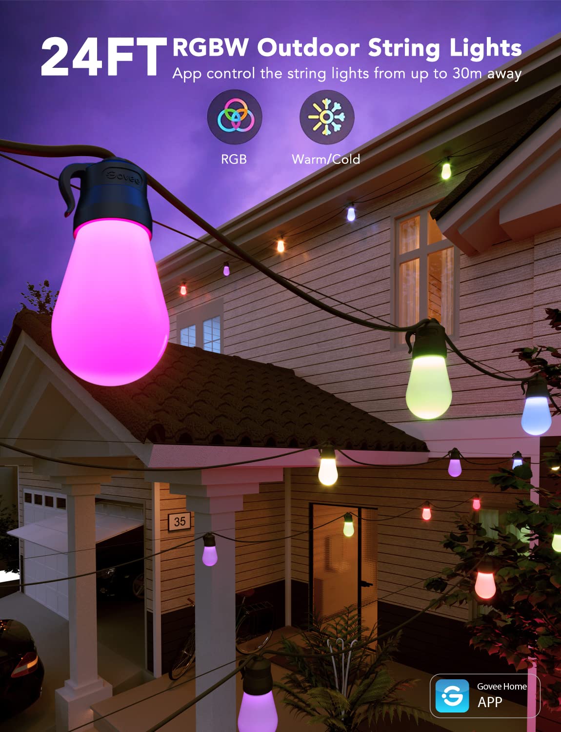 Govee Smart Outdoor String Lights H7029, 24ft RGBIC, IP65 Waterproof, Multicolor, 8 Dimmable LED Bulbs, App Control