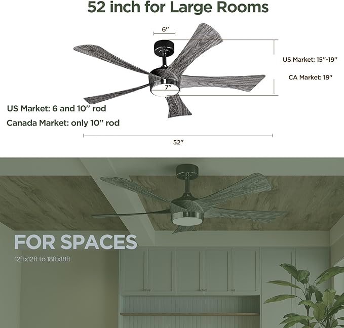 Ceiling Fan with Light Remote: 52 Inch Modern Bedroom Fans with Dimmable Tri-Color Temperatures LED - Water Transfer Printing 5 Blades (Brushed Nickel+Gray-5)