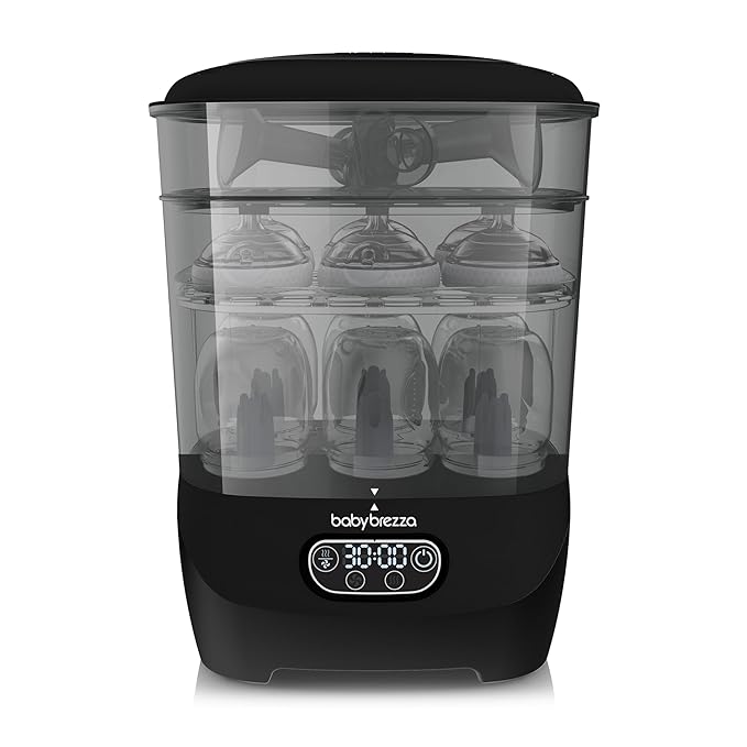 Baby Brezza Bottle Sterilizer and Dryer Advanced – 33% Faster - Largest Capacity Steam Sanitizer - Universal Sterilization Machine for All Bottles + Pump Parts - HEPA Air Filter, Black