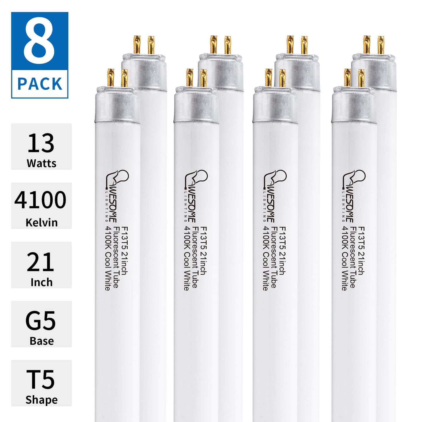 Wesome Lighting 8 Pack 21 Inch F13T5/Cw Fluorescent Light Bulb  4100K Cool White  T5 13 Watts Fluorescent Replacement Bulb For Counter And Cabinet Fixture  G5 Base
