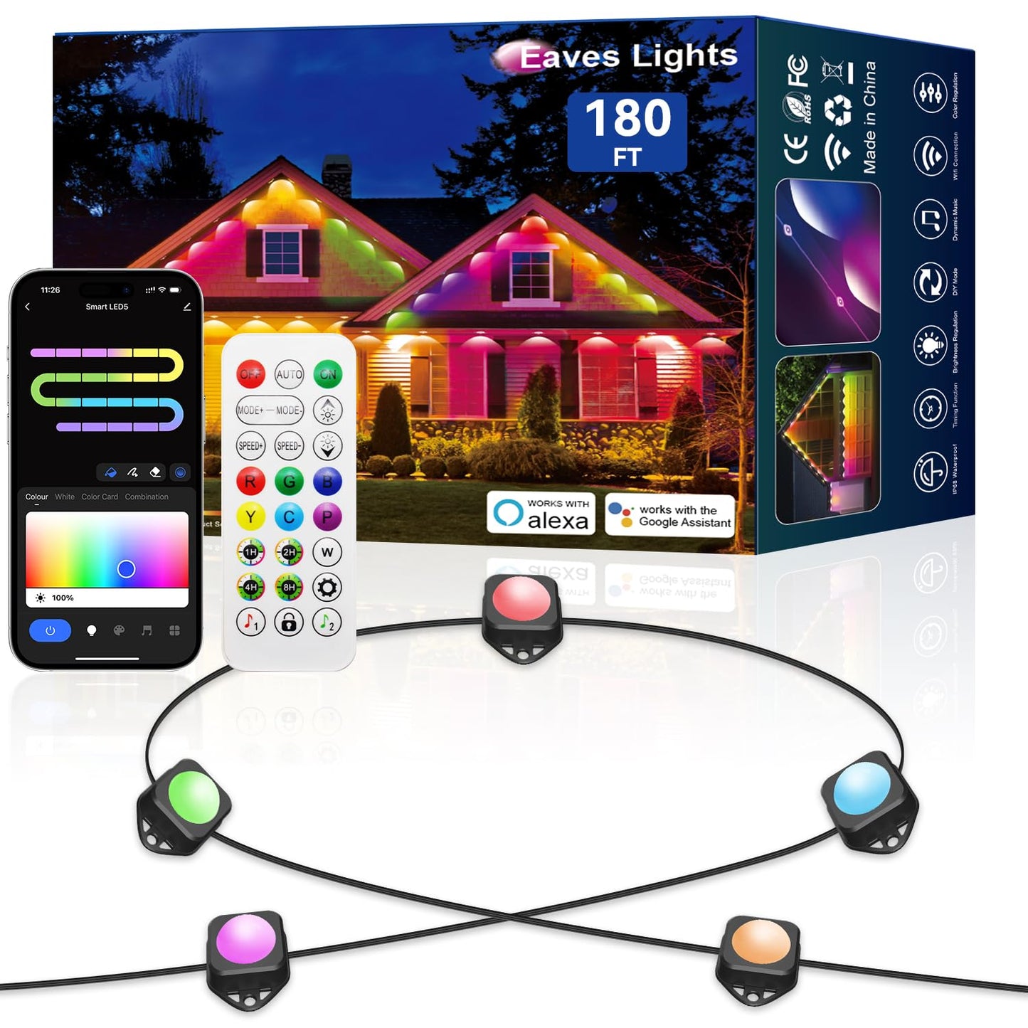 Lemonlovely Permanent Outdoor Lights Pro  180Ft With 132 Ic+Rgbcw Smart Led Eaves Christmas Lights For Daily Decoration  Ip67 Waterproof For Outside Xmas Halloween House Roof Lighting  Black