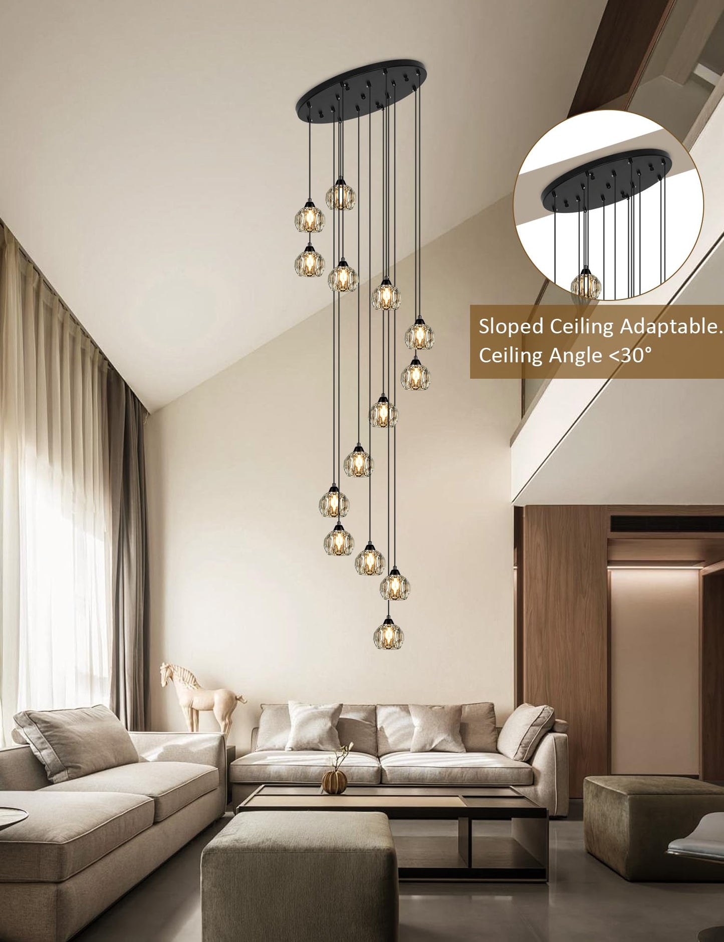 Weesalife 14-Light Crystal Chandelier, Black Brass Pendant Light Fixture for High Ceilings, Living Room, Kitchen, Foyer, Model 8817-12C BR