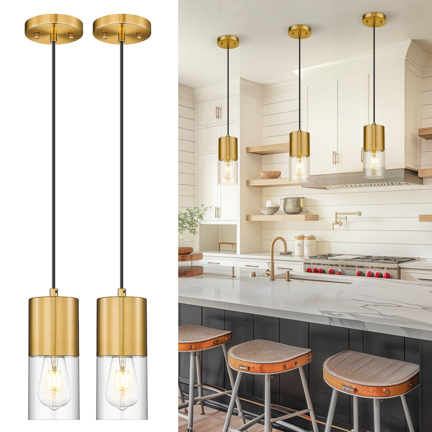 Audickic 2-Pack Pendant Lights Kitchen Island  Brushed Gold Shade Hanging Lights Fixtures With Cylinder Clear Glass  Brass Kitchen Pendant Lighting Over Island For Dining Room  Ad-24023-1P2-Gd