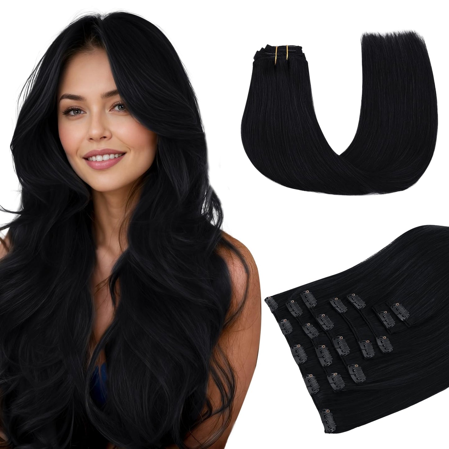 MAXITA Real Human Hair Extensions, 12 Inch Jet Black 80g 7pcs, Remy Straight Clip in Natural Hair for Woman