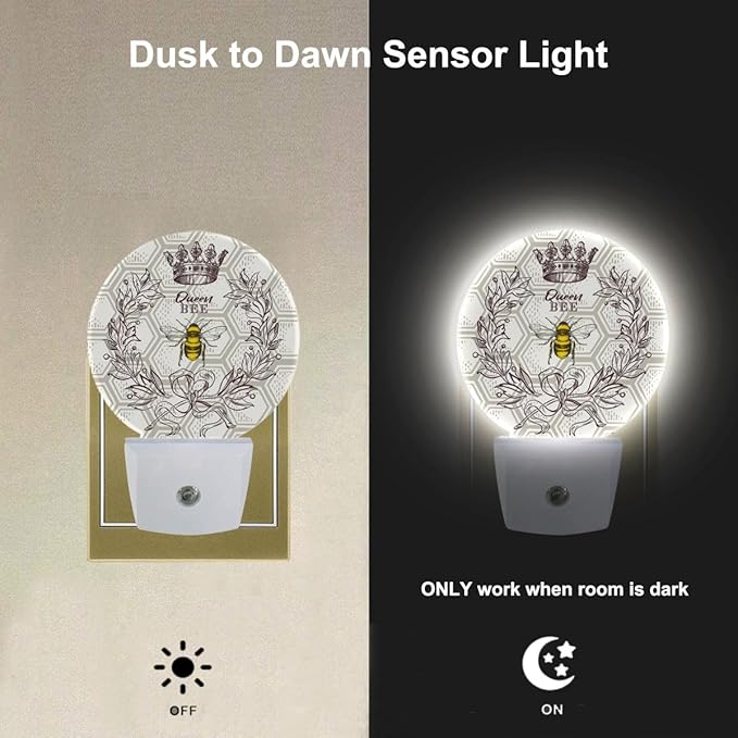 EKOBLA Queen Bee Night Light - Round LED Wall Plug-in Nightlights with Auto Sensor, Dusk to Dawn Lighting for Bedroom, Hallway & Kitchen (Bee Theme)