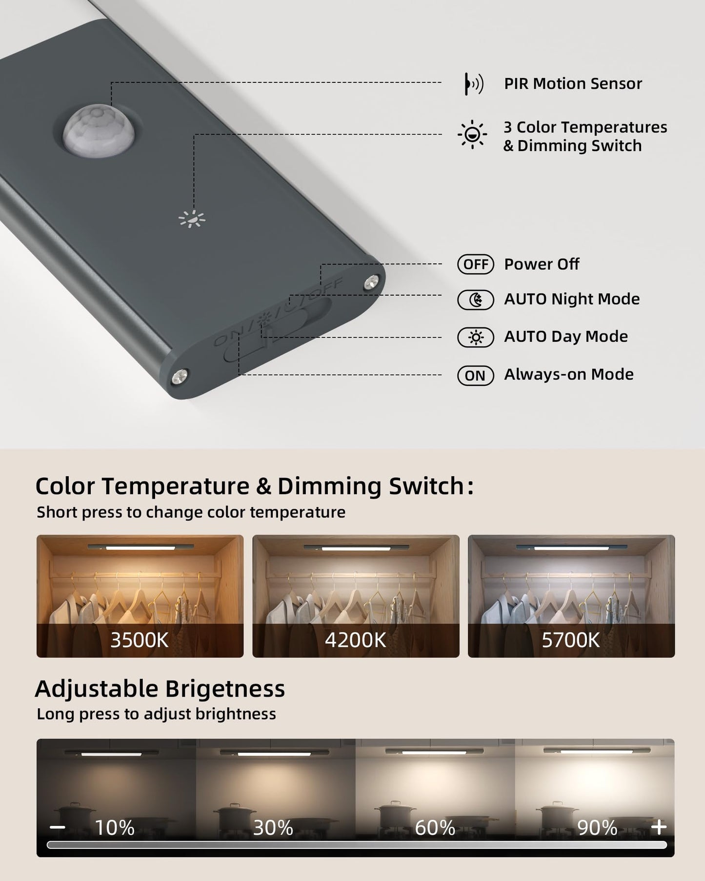 EZVALO Under Cabinet Lighting, 2200mAh Rechargeable, 76 LEDs, Dimmable, Motion Sensor, Space Gray, Model LY-50