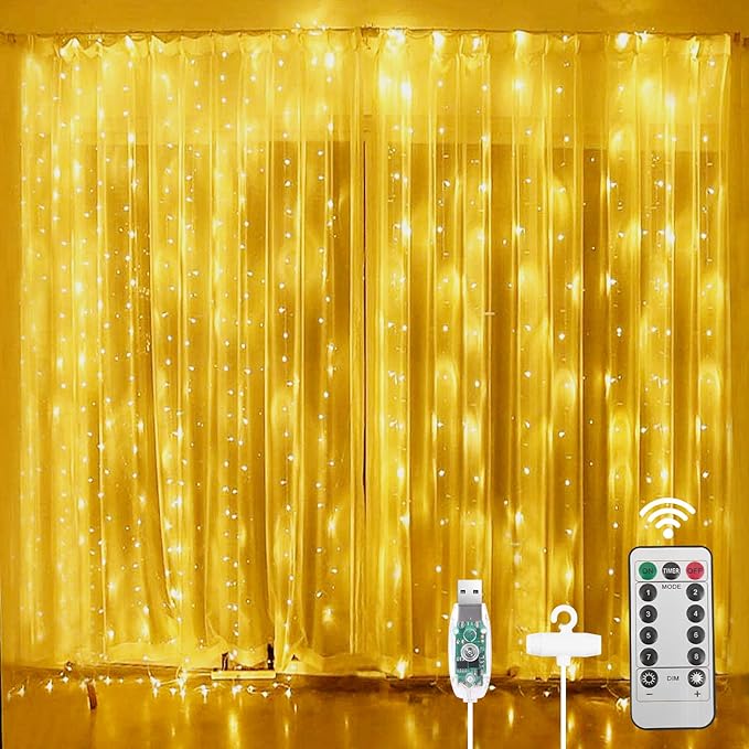 AOMIG Fairy Curtain Lights,300 LED Warm White Window Curtain String Light,8 Modes 9.8×9.8Ft Waterproof Curtain String Ligh...