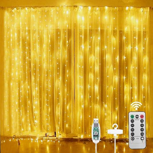 AOMIG Fairy Curtain Lights,300 LED Warm White Window Curtain String Light,8 Modes 9.8×9.8Ft Waterproof Curtain String Ligh...
