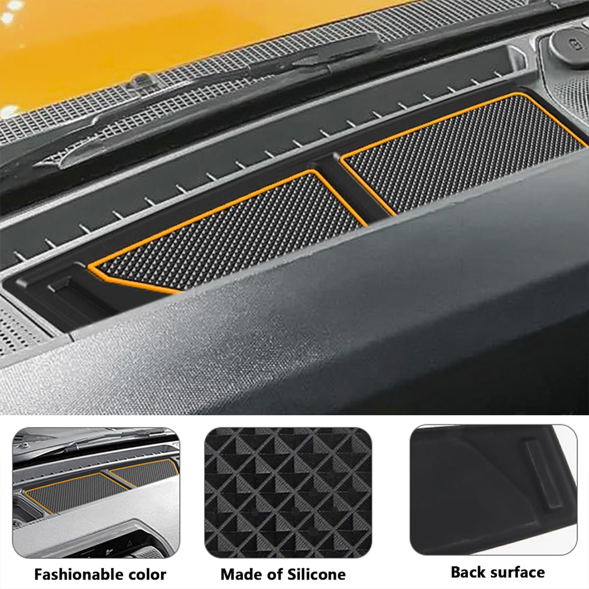 auovo Dash Cover Tray Fit for Ford Bronco Accessories 2026 2025 2021 2022 2023 2024 Anti-Slip Silicone Dashboard Compartments Mat fit Bronco 2/4-Door Interior Dash Pad Liners 2-pc Set (Orange Trim)