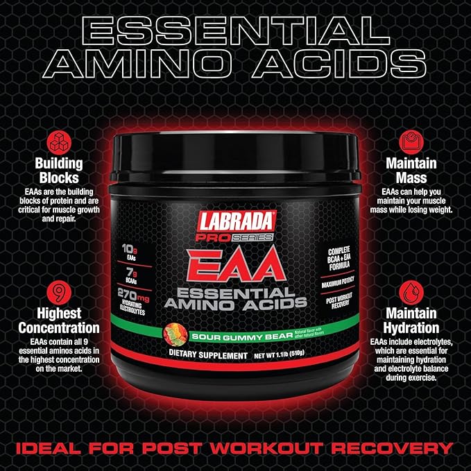Labrada Pro Series EAA Maximum Potency Essential Amino Acid Hydrating Formula with BCAAs & Elecrolytes Recovery and Performance (Sour Gummy Bear)