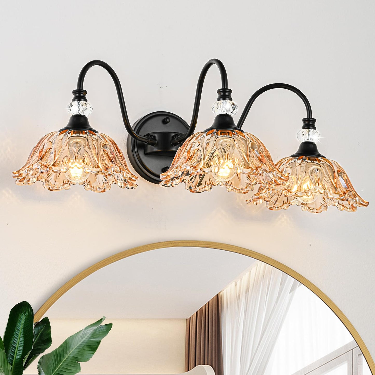 Sunkryster Black Bathroom Vanity Light 3-Light Vanity Light With Floral Amber Glass Shades Vintage Farmhouse Wall Mount Lighting For Bathroom  Dressing Table