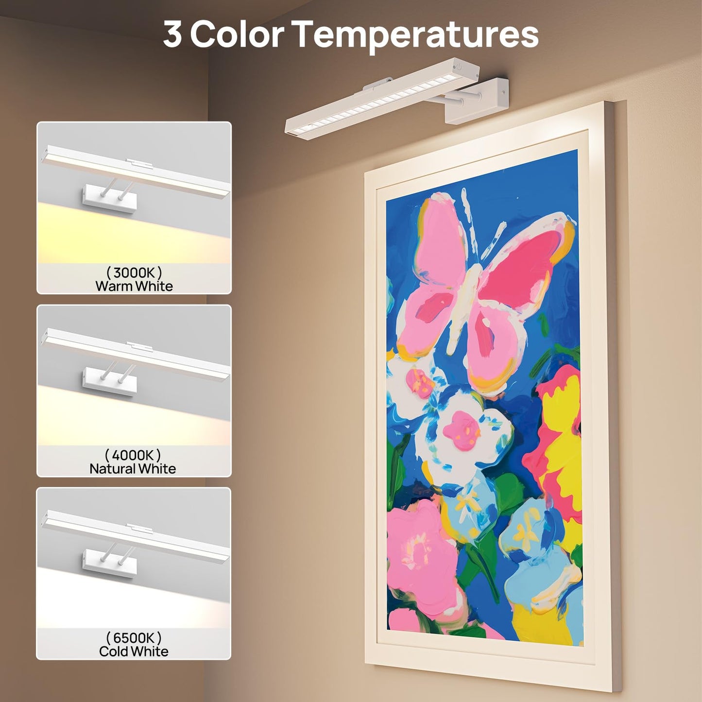 PESUTEN Picture Light - 16in Wireless Art Light, CCT Dimmable, Battery Operated, Remote Control, White, Model PLHB1
