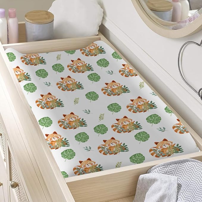 Cartoon Panda Tropical Leaves Changing Pad Cover Cute Panda Boho Leaf Diaper Changing Table Cover Sheets for Boy Girl Animal Wildlife Soft Stretchy Snug Fitted Baby Changing Table Mats 32''x16''