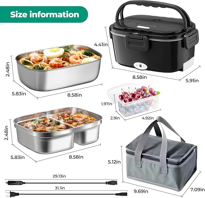 Electric Lunch Box for Adults 100W Fast Heated Lunch Box for Men Women with Dual 1.5L Stainless Steel Containers Fast Heating Portable Food Warmer 12V/24V/110V Lunch box, Home/Car/Office/Truck