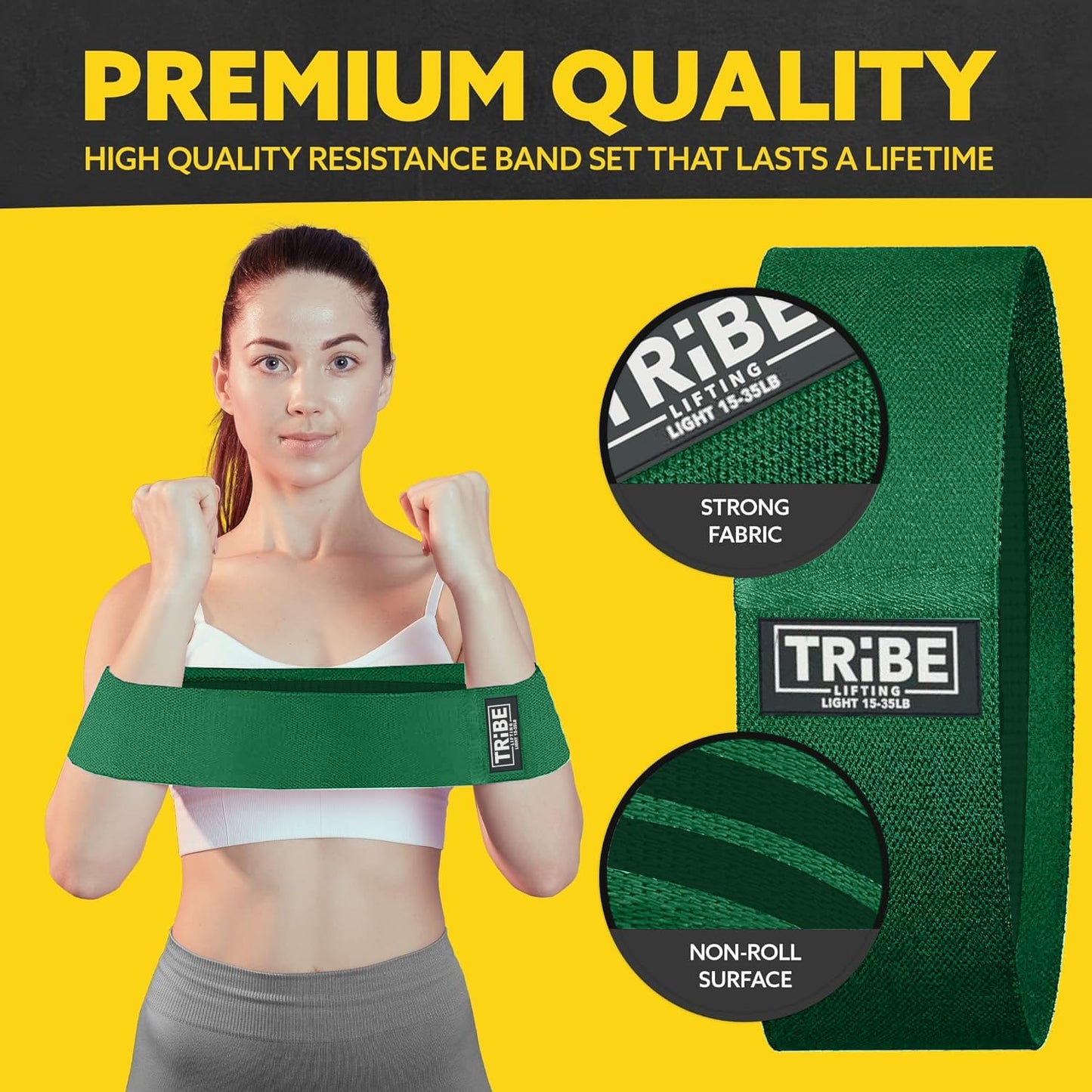 Tribe Lifting Fabric Resistance Bands for Exercise - Hip Bands for Working Out Legs, Glutes, Knees and Thighs for Men and Women - Cloth Circle Booty Bands for Physical Therapy (Green)