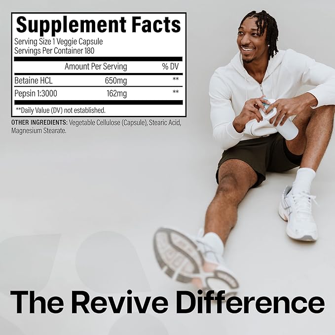 Revive MD Betaine HCL with Pepsin Digestive Enzymes, 180 Vegetarian Capsules - Betaine Hydrochloride Supplement Supports Healthy Digestion & Nutrient Absorption - Helps with Stomach Acid Levels
