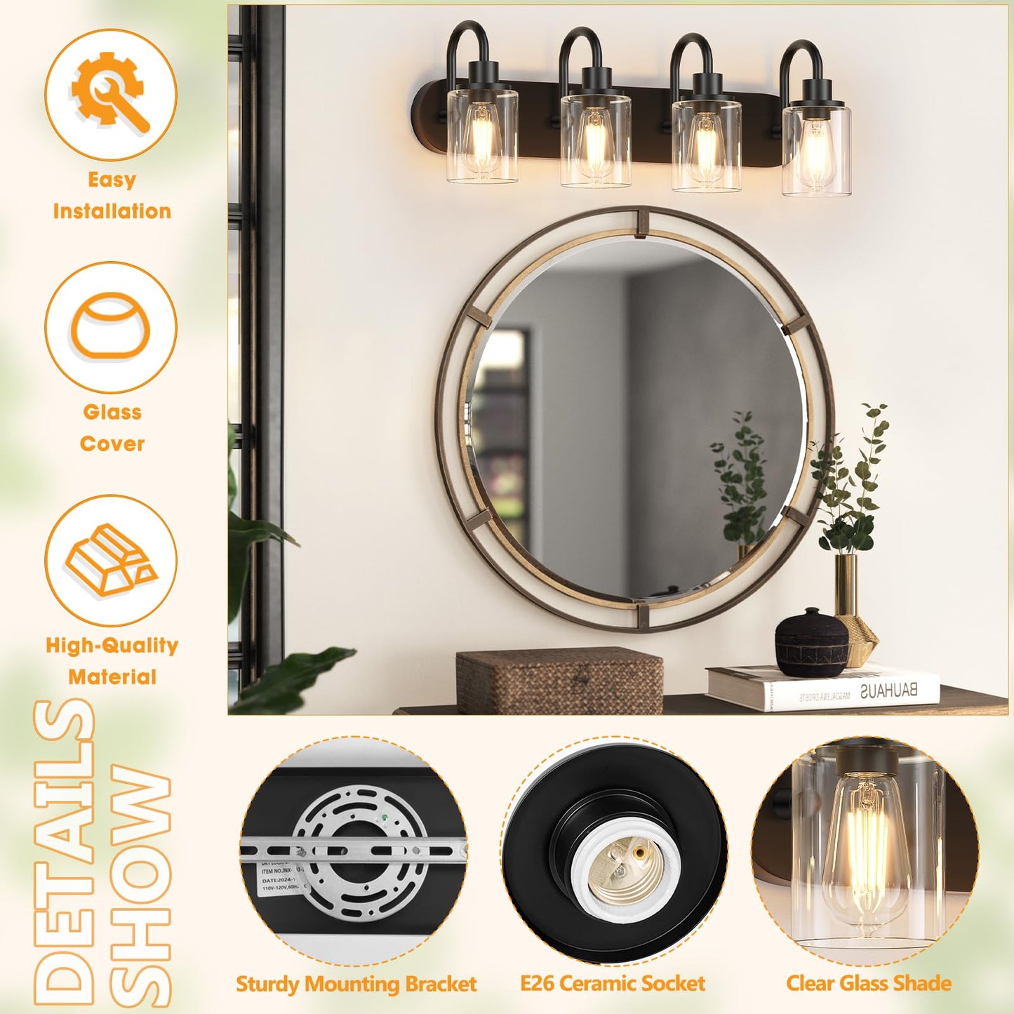 Baocuz 4-Light Vanity Lights for Bathroom, Modern Black Bathroom Light Fixtures Over Mirror, 23.6 inch Bathroom Wall Sconces for Hallway, Bedroom, Living Room with Clear Glass Shade