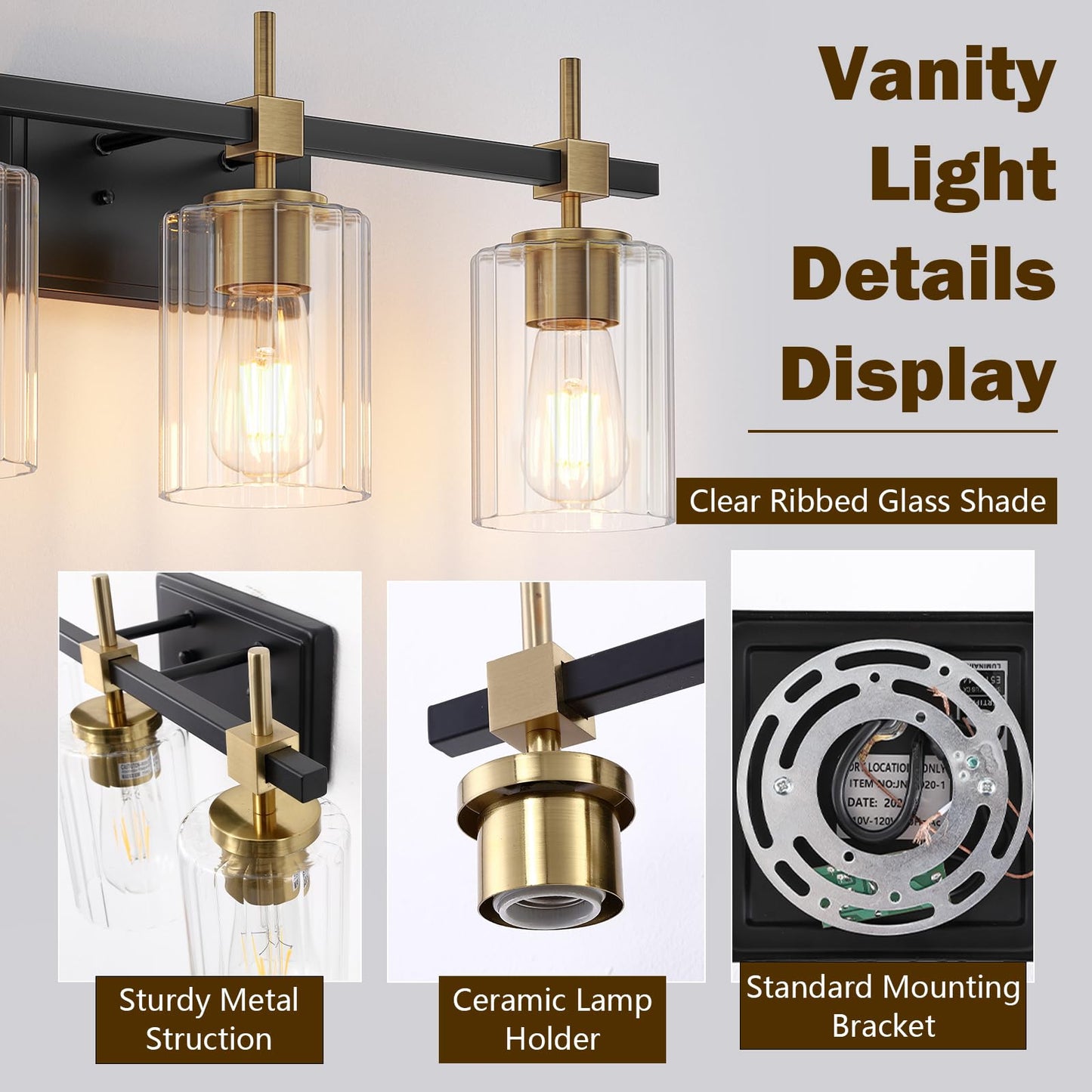 Asnxcju 3-Light Vanity Light Fixtures, Black and Gold, Textured Glass Shade, Model TGSWS-BG-3-LIGHT