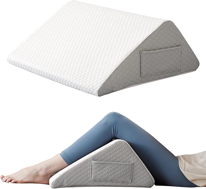 Knee Wedge Pillow, 8"Wedge Pillow for Knee Pain Relief, Premium Memory Foam Knee Pillow for Back Sleeping, Triangle Wedge Pillow for Leg Elevation, Back Pain, Sciatica, Hip Support, White/Grey