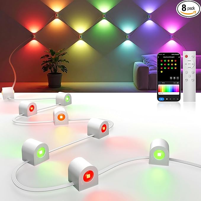 8 Lamp RGBCW Indoor Wall Lights, Up Down Lighting Bedroom Wall Sconces, Music Sync, DIY Styling White Color Changing Wall ...
