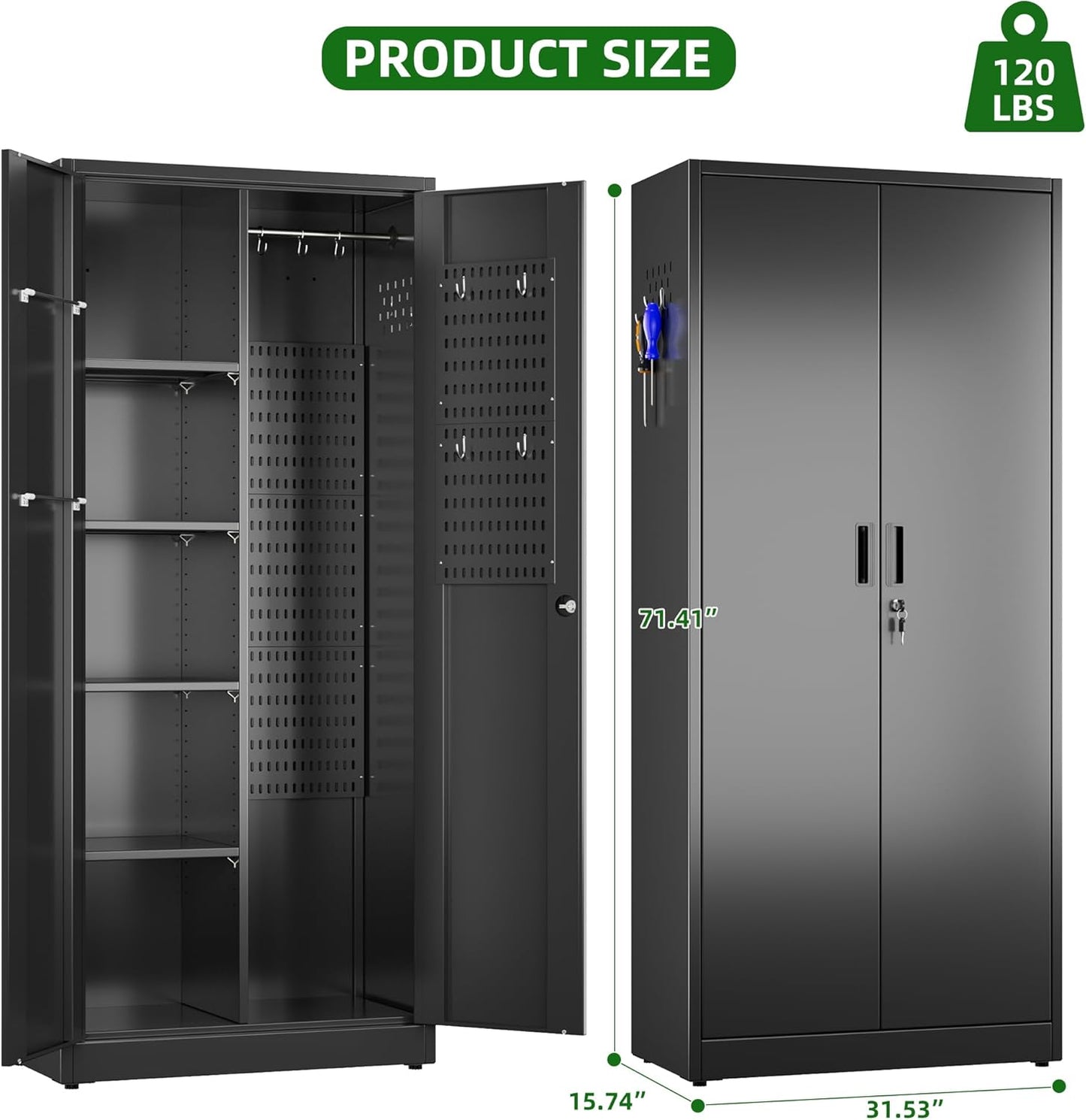 Broom Closet Storage Cabinet with 5 Pegboard, Hanging Rod &13 Hooks, Utility Metal Garage Storage Cabinets with Doors and 4 Shelves for Garage Home Office, Black,71.4" H x 31.5" W x 15.7" D