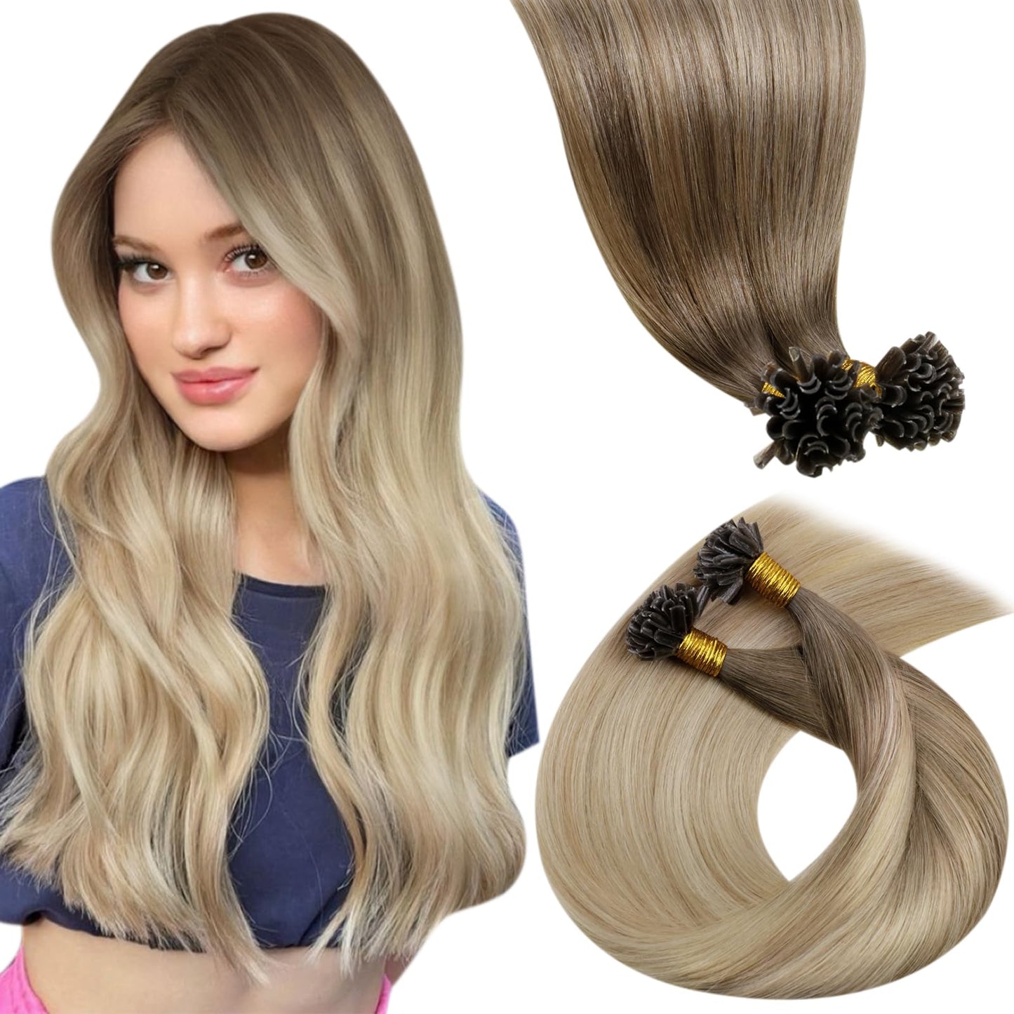 LaaVoo U Tip Hair Extensions Human Hair Light Brown to Ash Blonde Mix Platinum Blonde Balayage K Tip Hair Extensions Real Human