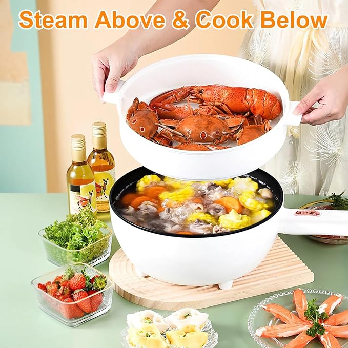 Electric Hot Pot Portable Travel Cooker Non-Stick Frying Pan with Steamer Long Handle Dual Power Control for Travel Dorm Home RV